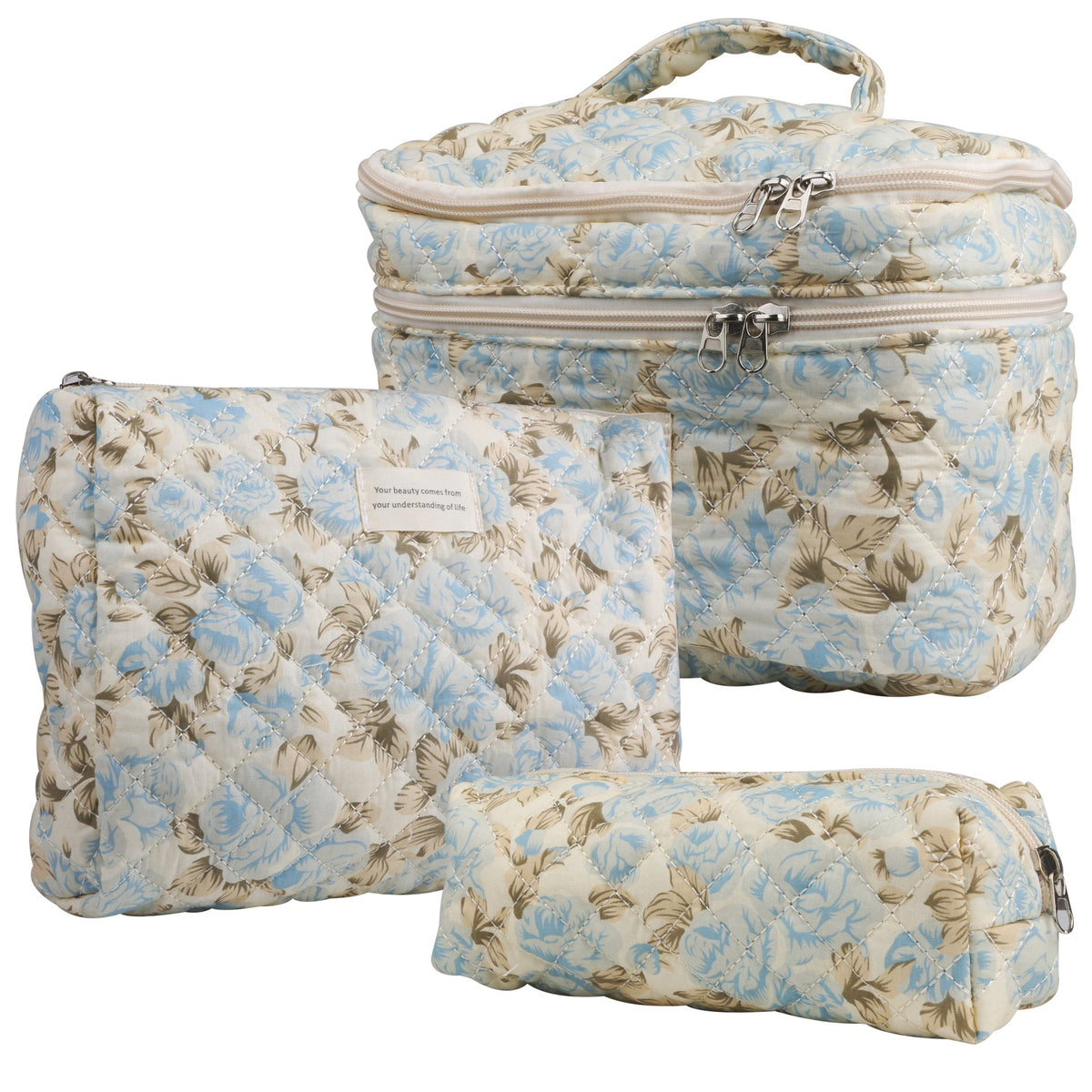 Quilted Floral Makeup Bag Set 3PCS Large Capacity Dual Layer Cotton Cosmetic Bags Coquette Aesthetic Travel Toiletry Organizer Gift for Women Girls Blue Rose Pink