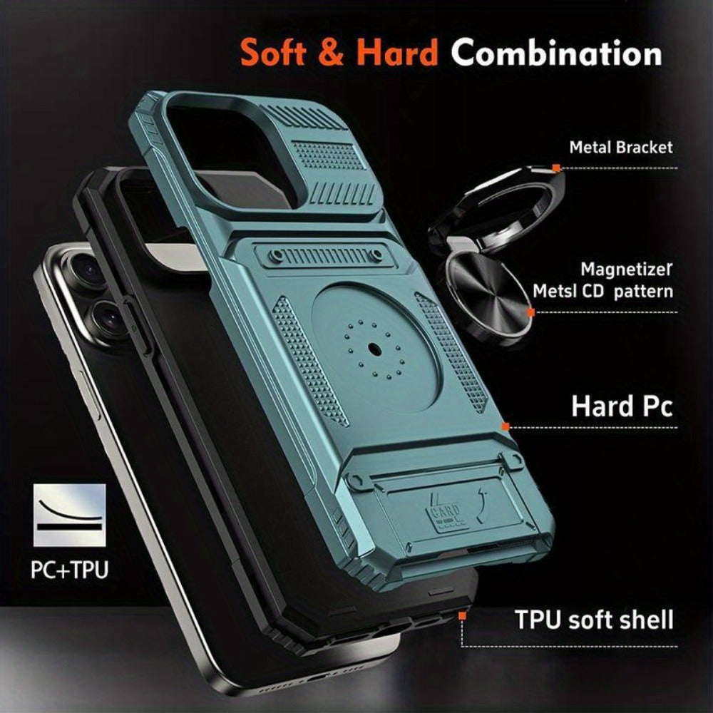 iPhone Card Slot Shockproof Case with Ring Holder & Kickstand – Wallet Phone Cover for iPhone 17 17 Air 17 Pro Max 16 15 14 13 12 11 Pro Max Plus Mini | Heavy Duty Drop Protection