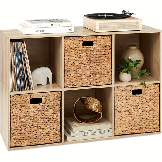 Water Hyacinth Storage Baskets, 11-Inch Handwoven Cube Design for Shelves