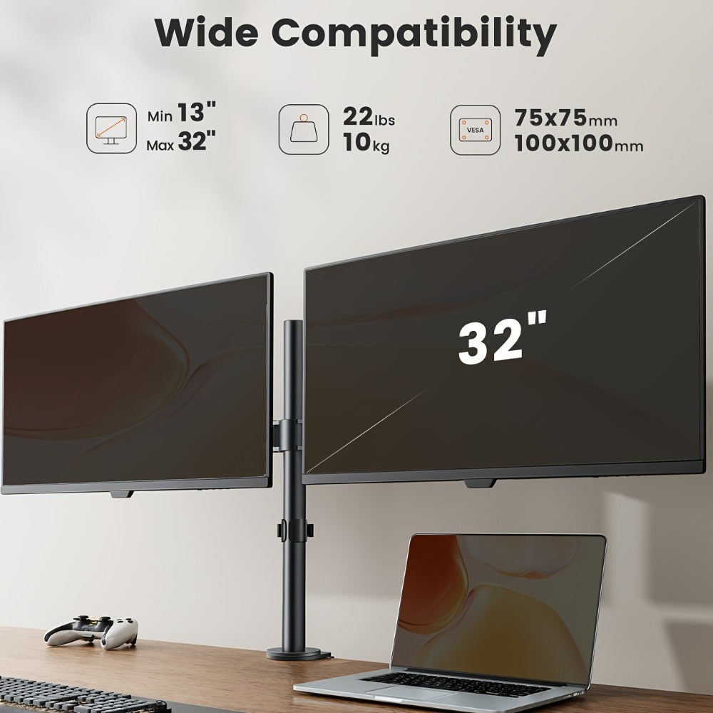 Adjustable Dual Monitor Arm for 13-32 Inch Screens, VESA 75x75/100x100mm, 45° Tilt 90° Swivel 360° Rotation, 17.6 lbs per Arm, C-Clamp & Grommet Mount, Cable Management, Space-Saving Home Office Desk Stand