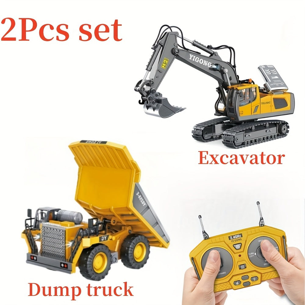 RC Construction Vehicle Set, 2.4GHz 12-Channel Excavator, Dump Truck, Bulldozer & Loader