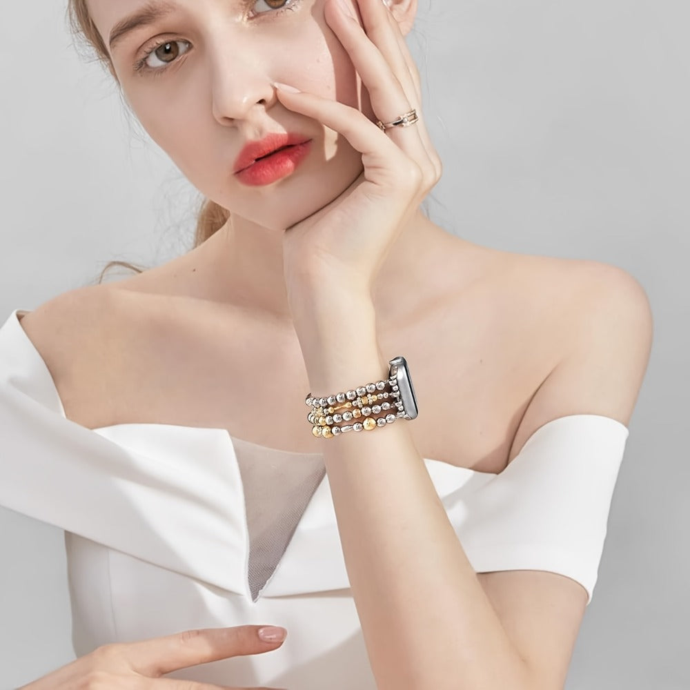 Elastic Beaded Watch Band for Apple Watch Series 1-11 SE Ultra 38mm 40mm 41mm 42mm 44mm 45mm 46mm 49mm Handcrafted No-Buckle Stretch Bracelet Replacement Strap Women Silver Rose Gold Golden