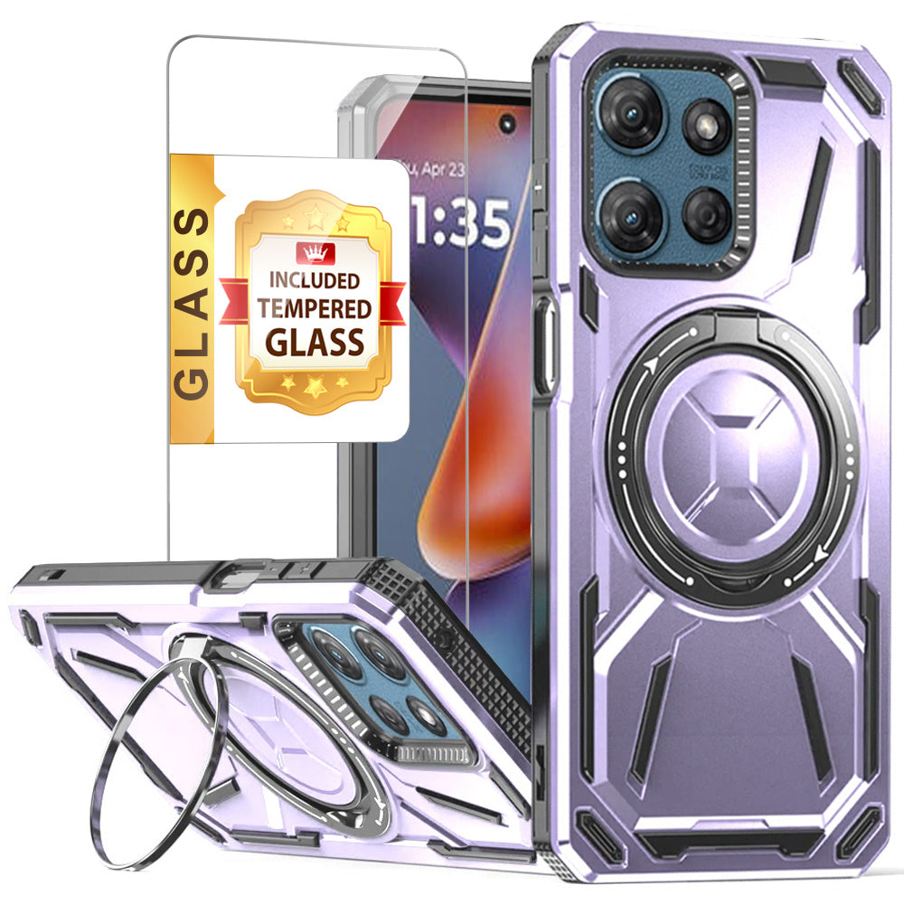 Moto G Power 5G 2025 Case with Tempered Glass Screen Protector & Magnetic Ring Stand 360° Rotatable Kickstand – Shockproof Wireless Charging Compatible Protective Cover for Motorola Moto G Power 5G 2025