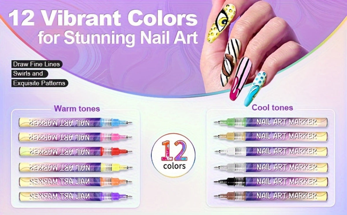 Metal Rod Nylon Brush Nail Art Pen Set 12 Colors - Acrylic Paint Pens for 3D Doodle Dot & Stitching Nail Design, Quick-Dry Long-Lasting Detail Tools for Home & Salon, Beginner Gift