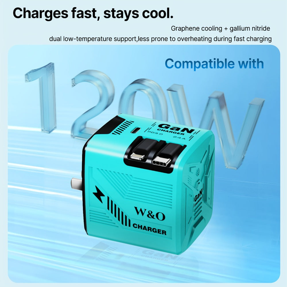 GaN Charger 120W with Lightning & Type-C Retractable Cables 47in, Foldable Plug USB-C Wall Adapter – With or Without Cable Option for iPhone 17 16 15 Pro Max, Samsung Galaxy S25 S24, Android Devices
