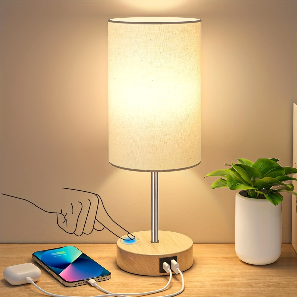 Bedside Table Lamp with USB-C Charging Port – 3-Way Dimmable Touch Lamp, Wood Base Round Burlap Shade, Small Nightstand Desk Light with AC Outlet & A19 LED Bulb Included for Bedroom Living Room Office