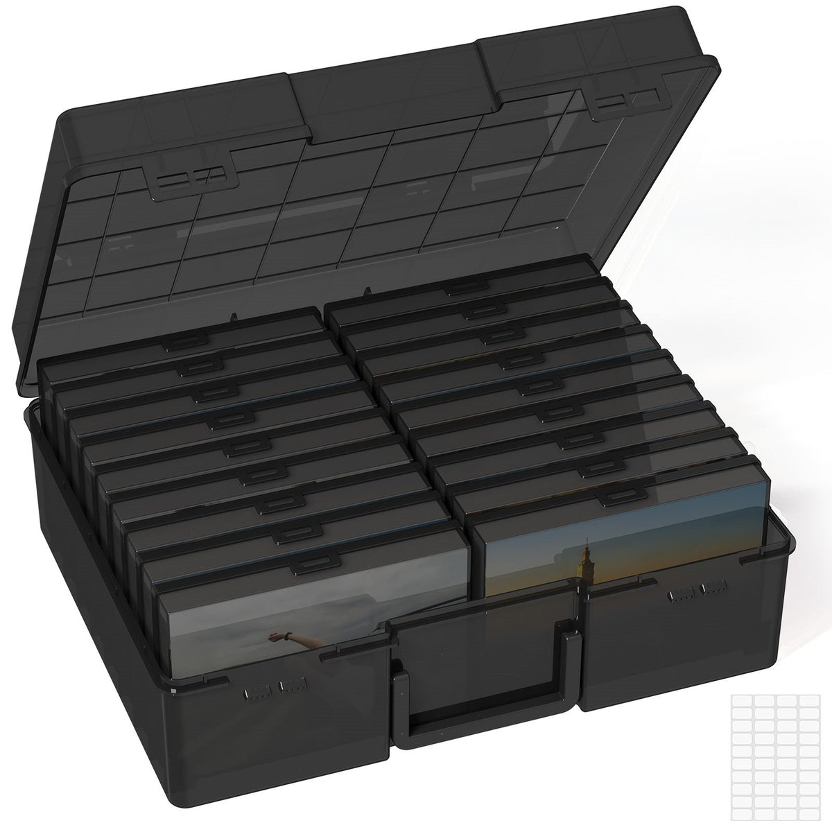 4x6 Photo Storage Box with 14 Inner Photo Keeper Cases Holds 1400 Photos Clear Plastic Photo Organizer with Lids Label Stickers BPA-Free for Cards Pictures Stamps Craft Office Supplies