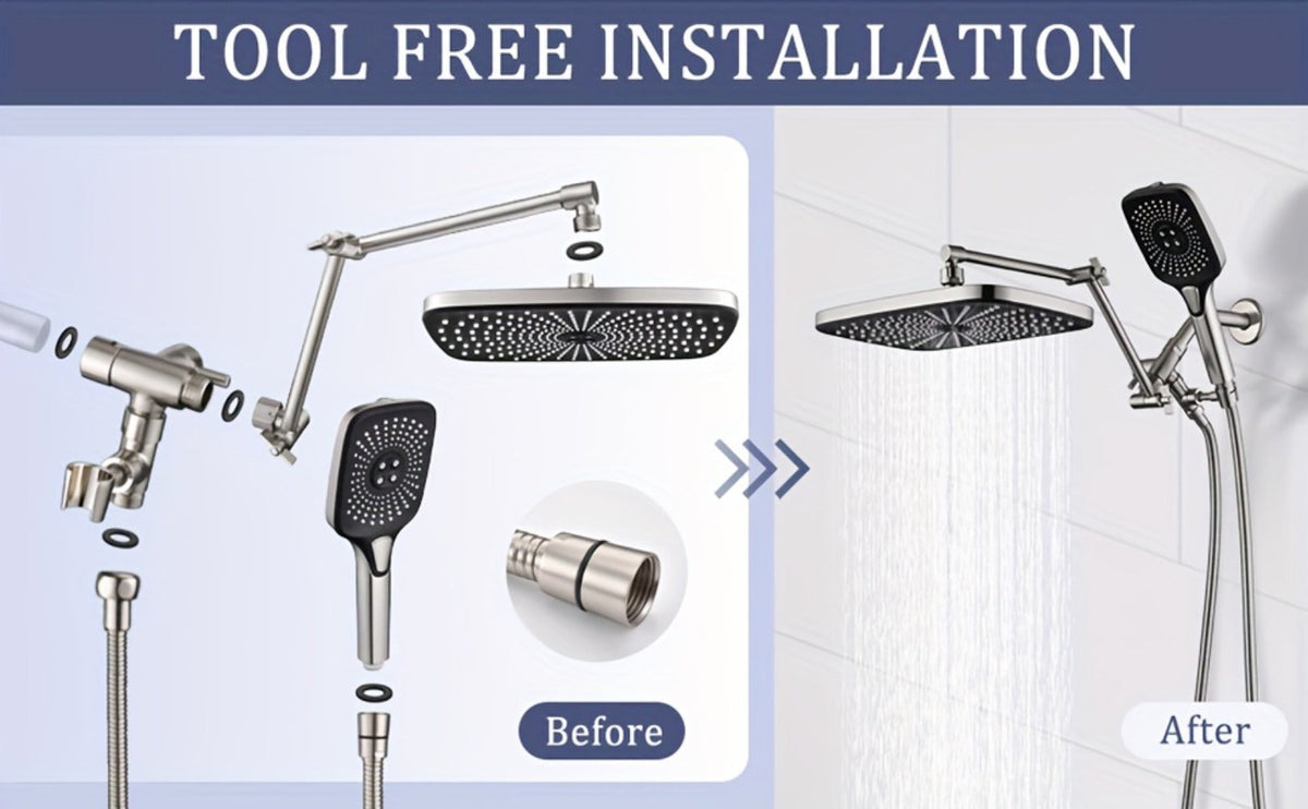 Rain Shower Head with Handheld Combo 12 Inch High Pressure Rainfall Showerhead Set – 4-Function Spray, 3-Way Diverter, 2-Stage Extension Arm & 71" Hose, Matte Black / Chrome / Brushed Nickel