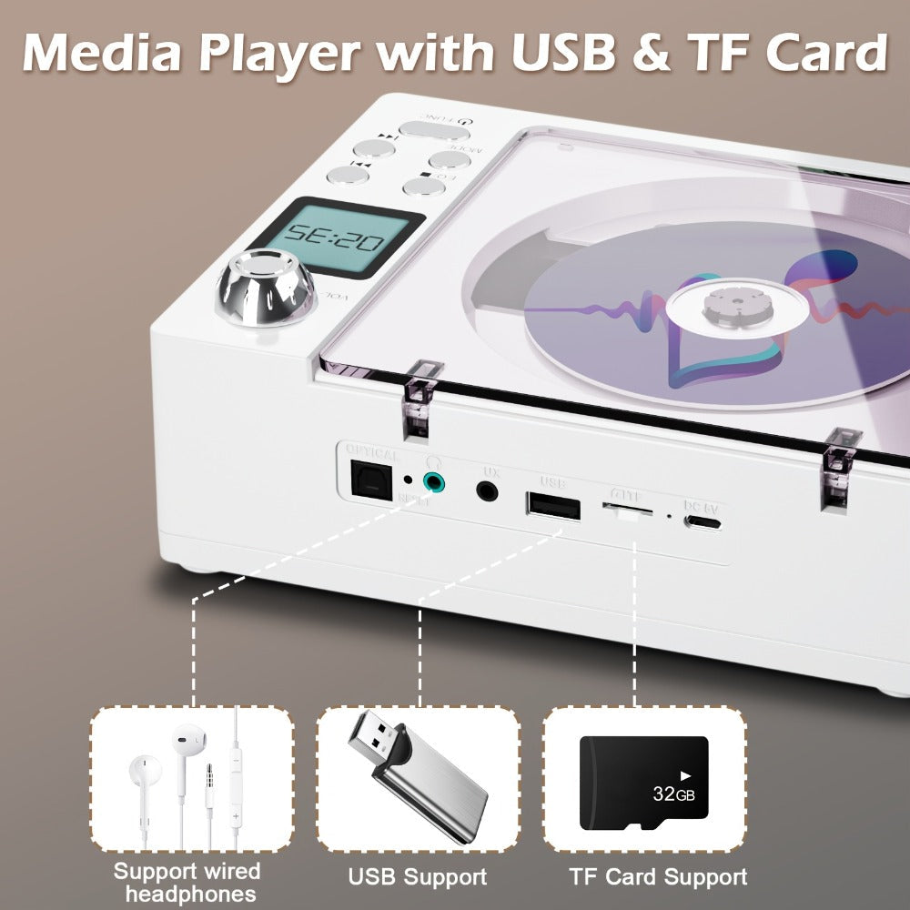 CD Player with Bluetooth Receiver FM Radio Dual Stereo Speakers, USB Player AUX Input Type-C Charging LED Display Remote Control, Multifunctional Home CD Music Player with Earphone Jack