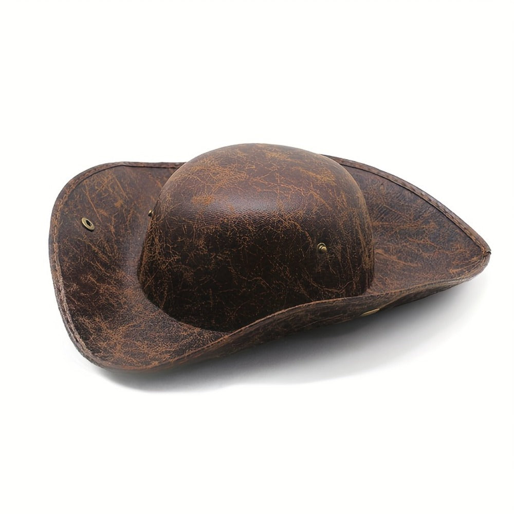 Pirate Tricorn Costume Hat with Distressed Faux Leather Look, Black or Brown