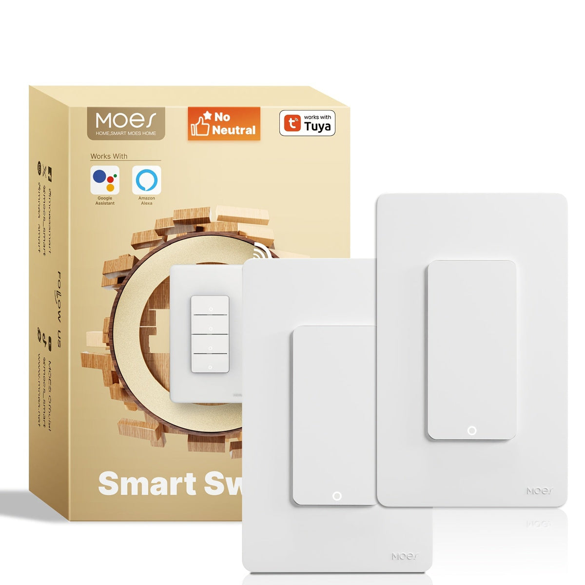 No Neutral Wire WiFi Smart Light Switch MOES 1/2/3/4 Gang Single Pole, Works with Alexa & Google Assistant, No Hub Required, 2.4GHz App Control, 110V – 2 Pack Smart Home Lighting Switch