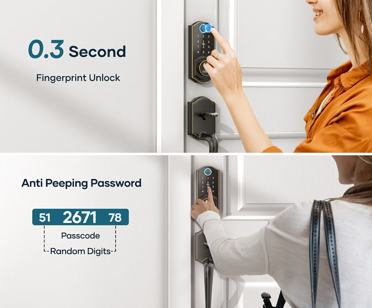 SMONET Smart Deadbolt Lock Set with Handle - Fingerprint, Bluetooth App & Keypad, Auto-Lock, Keyless Entry for Home, Office, Airbnb & Hotel, Oil Rubbed Bronze, Black & Silver