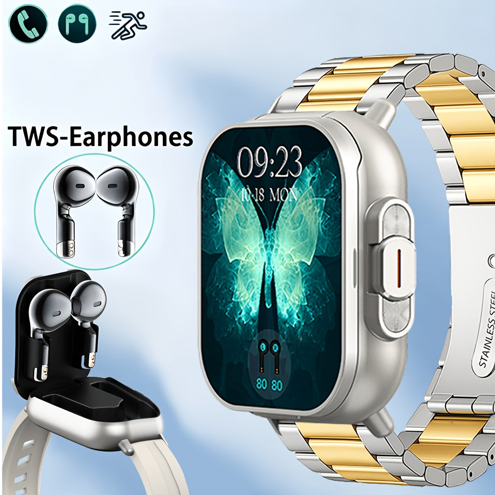 2-in-1 Smartwatch Earbuds Combo Steel & Mesh Strap for Men – Music Control Multiple Sports Modes Activity Tracking Black Silver Rose Gold Black Gold Smart Watch Earphone Gift