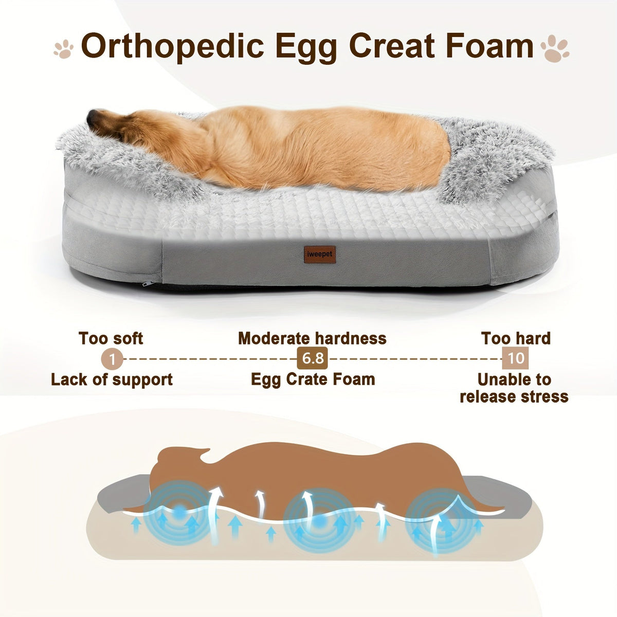 Orthopedic Dog Bed Egg Foam Ultra Soft Washable Cover for Large Medium Small Dogs Aging Pets Rectangle Semicircle Anti-Slip Joint Relief Pet Bed