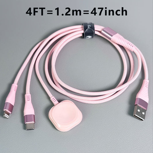 3-in-1 Nylon Braided Charging Cable with Magnetic Watch Charger, Lightning and USB-C, Pink