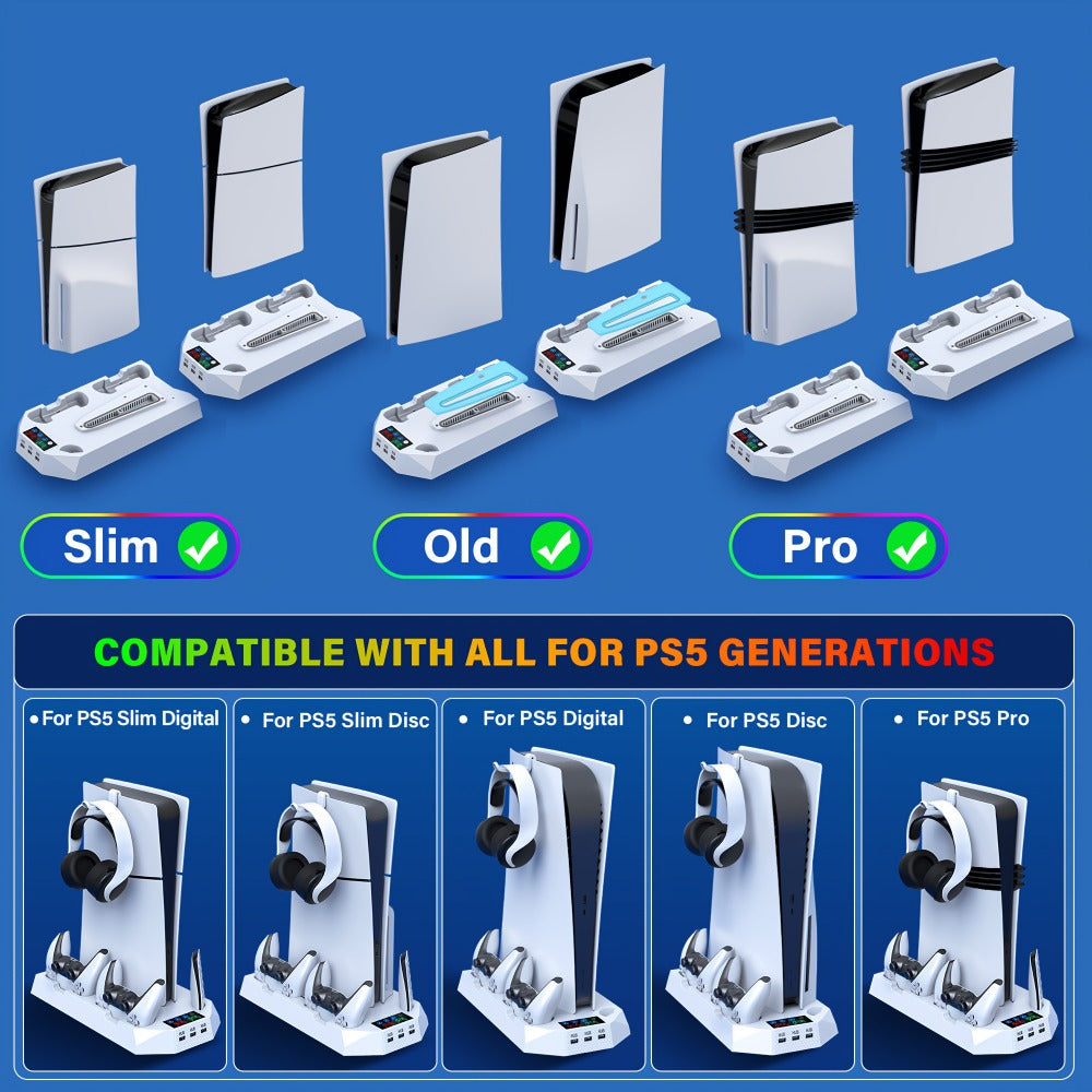 PS5 Cooling Charging Station 5-in-1 with Turbo Fan, Dual Controller Charger, 3-Port USB Hub & Headset Holder – Compatible with PlayStation 5 Slim Pro Standard Disc Digital Edition, 19-Inch USB Cable, Christmas Gift