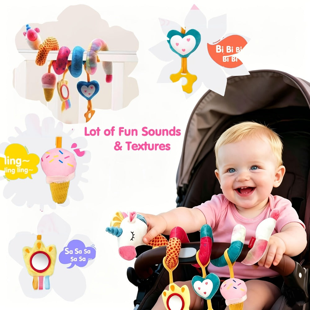 Baby Car Seat Toys 0-6 Months – Unicorn Rattle Mirror Crinkle Squeaky Stroller Toy Set for Infant Girls, Developmental Sensory Toys for Newborn 3-6 Months, Baby Girl Gift
