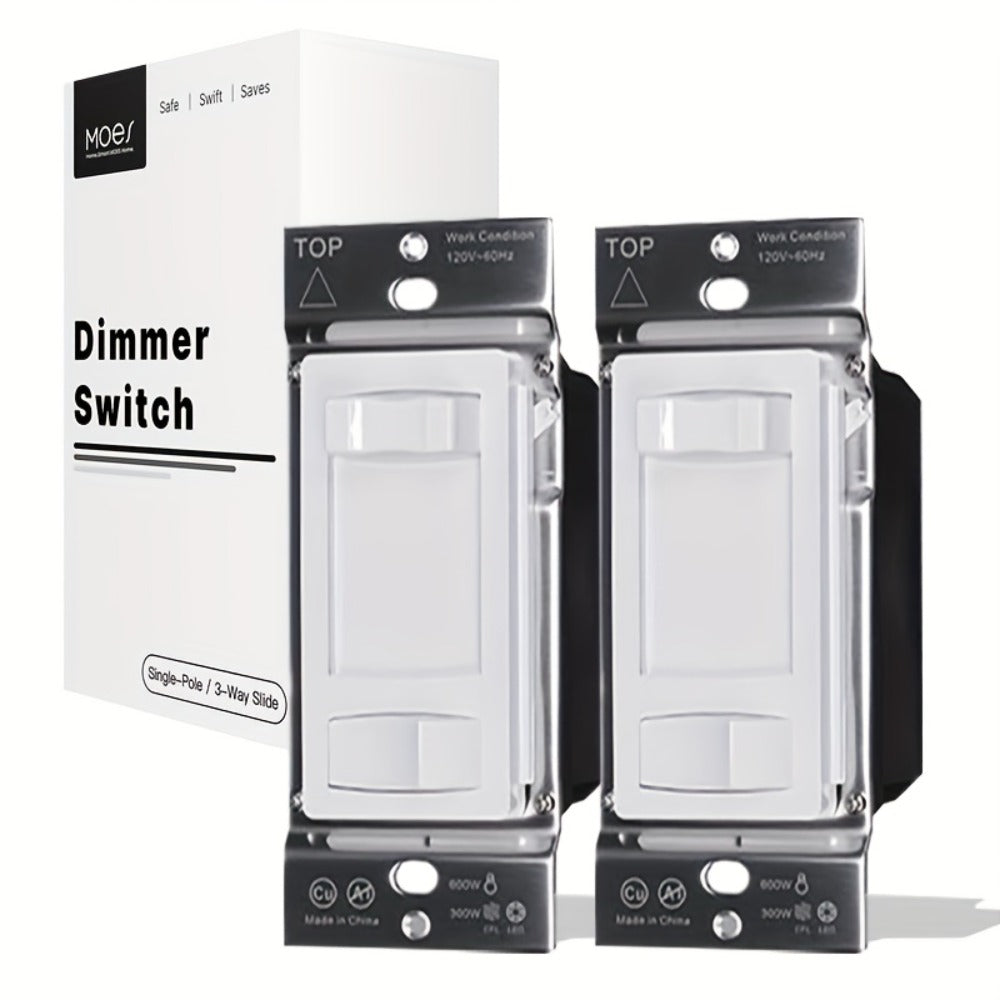 MOES Slide Dimmer Light Switch 3-Way & Single Pole No Neutral Wire – 600W Max, Compatible with LED CFL Incandescent Halogen, On/Off Dimming Control, Bedroom Hallway Living Room, Black & White (2/6-Pack)