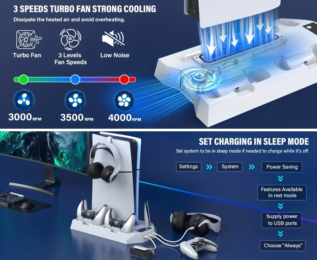 PS5 Cooling Station with Controller Charging Dock - Compatible with PS5 Slim Pro Standard Disc Digital, Dual Controller Charger Turbo Fan 3-Port USB Hub Headset Holder All-in-One PS5 Accessory