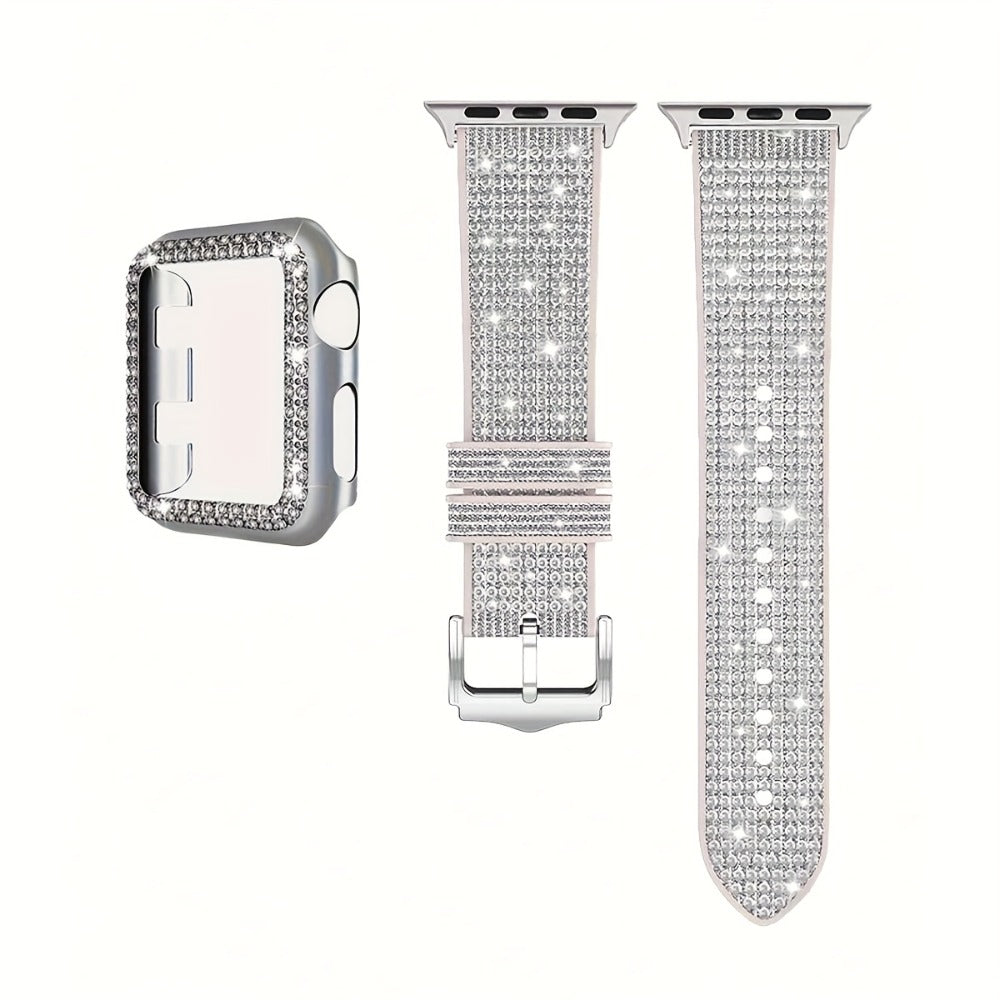 Apple Watch Band with Case Crystal Rhinestone Bling, Chameleon Color-Shift Strap + Shockproof Hard PC Cover, Compatible with Apple Watch Series 1-9 SE Ultra 38mm to 49mm S10 – Rose Gold Black Silver Women