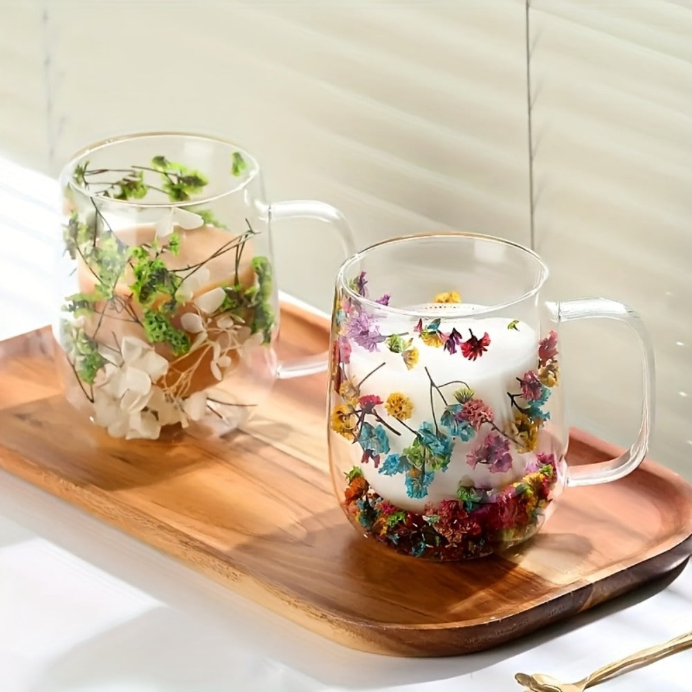 Double Wall Glass Coffee Cups with Handle Set of 4 – Borosilicate Thermal Mugs for Latte Cappuccino Tea | Dried Flower & Petal Design Transparent Drinkware for Office Home Gifts