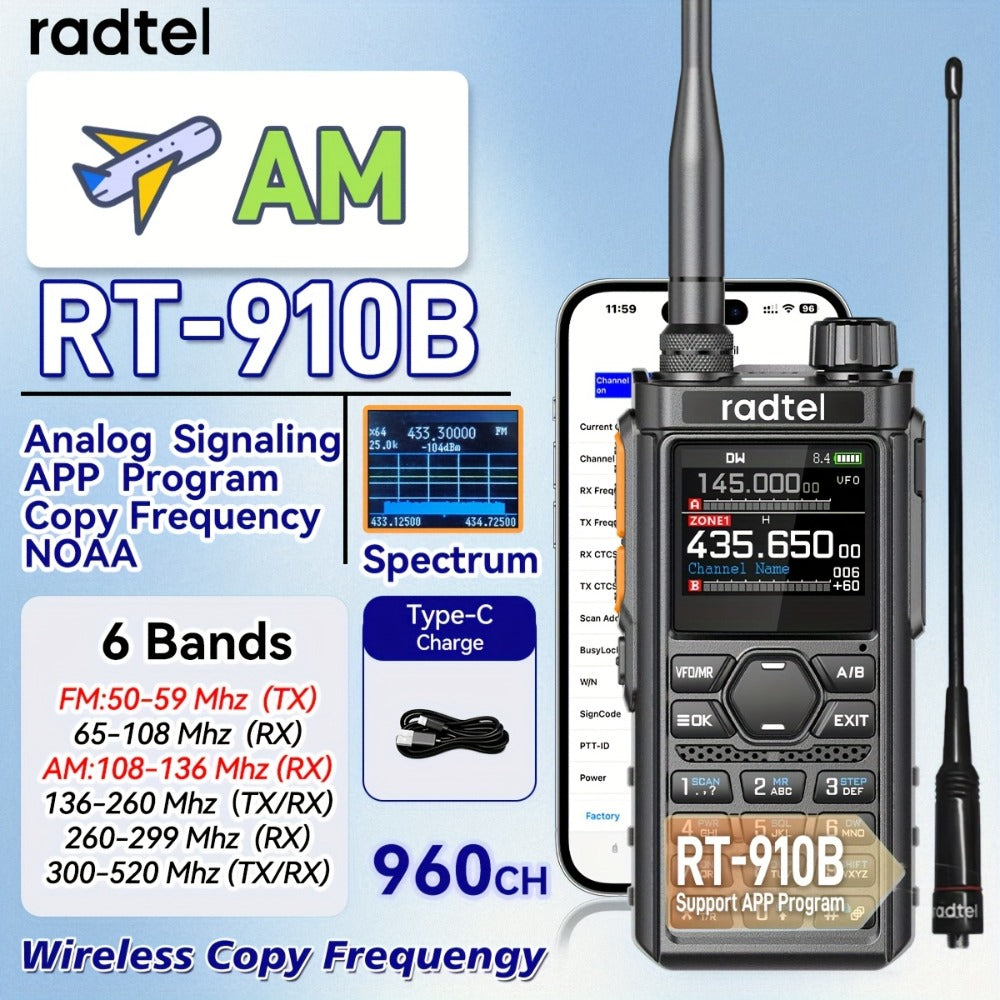 Tri-Band Ham Radio Handheld Walkie Talkie Radtel RT-910B, 6M VHF UHF Air Band Two-Way Radio, APP Programming, NOAA Weather Alert, 960 Memory Channels, USB-C Charging, Long Range Transceiver for Outdoor Camping Hiking Survival Aviation Enthusiasts