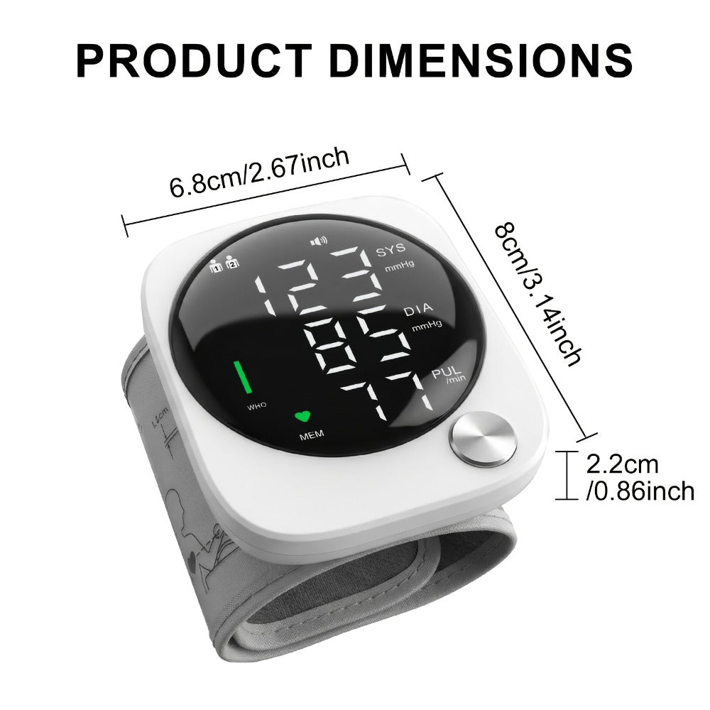 Wrist Blood Pressure Monitor with LCD Screen, Arrhythmia Alarm & Voice Playback – Adjustable Cuff, USB Charging, Gift for Family