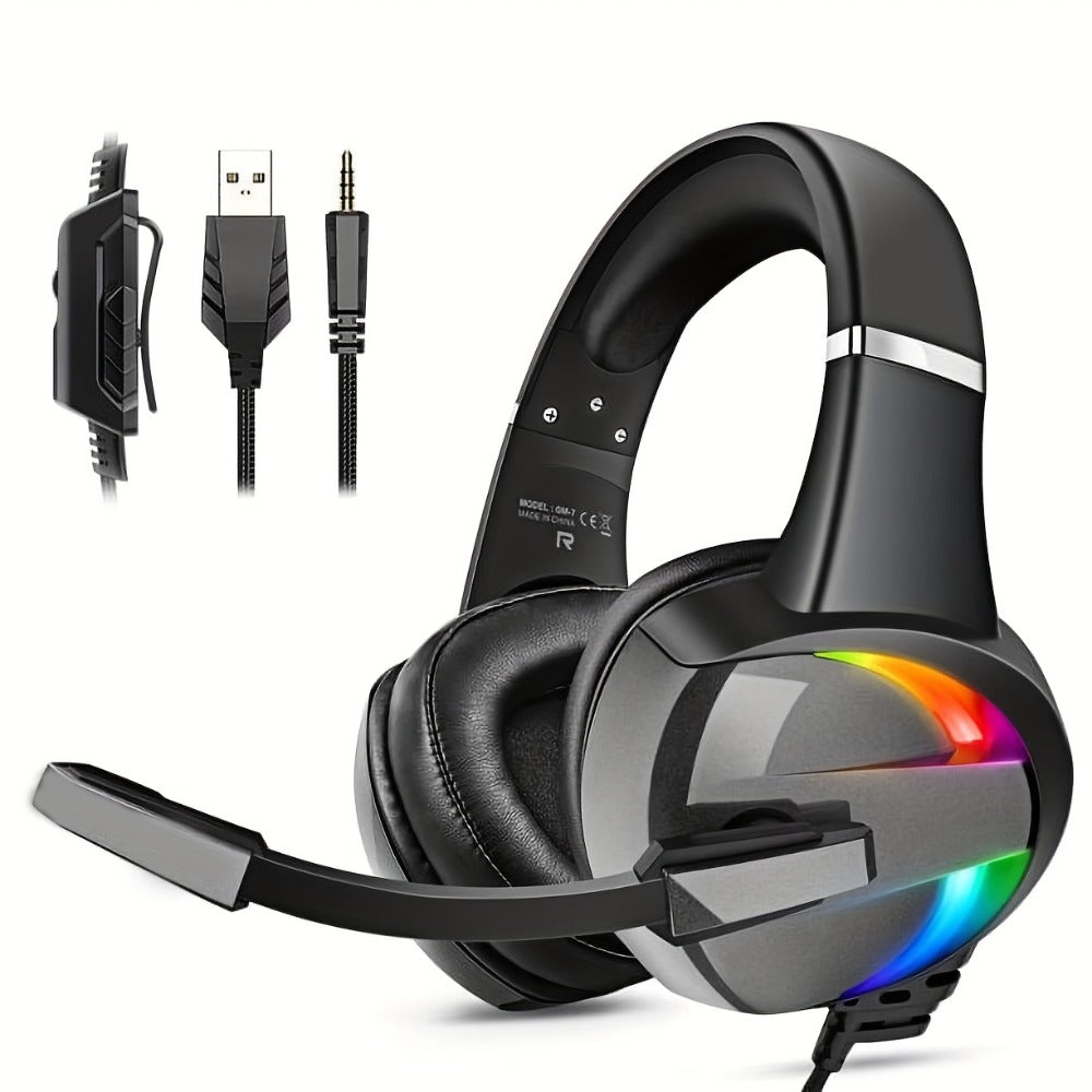 LED RGB Gaming Headset Surround Sound 50mm Driver Noise Canceling Mic Ergonomic Over-Ear Headphones for PS5 PS4 PC Laptop Gamers ESports USB 3.5mm Gaming Accessories