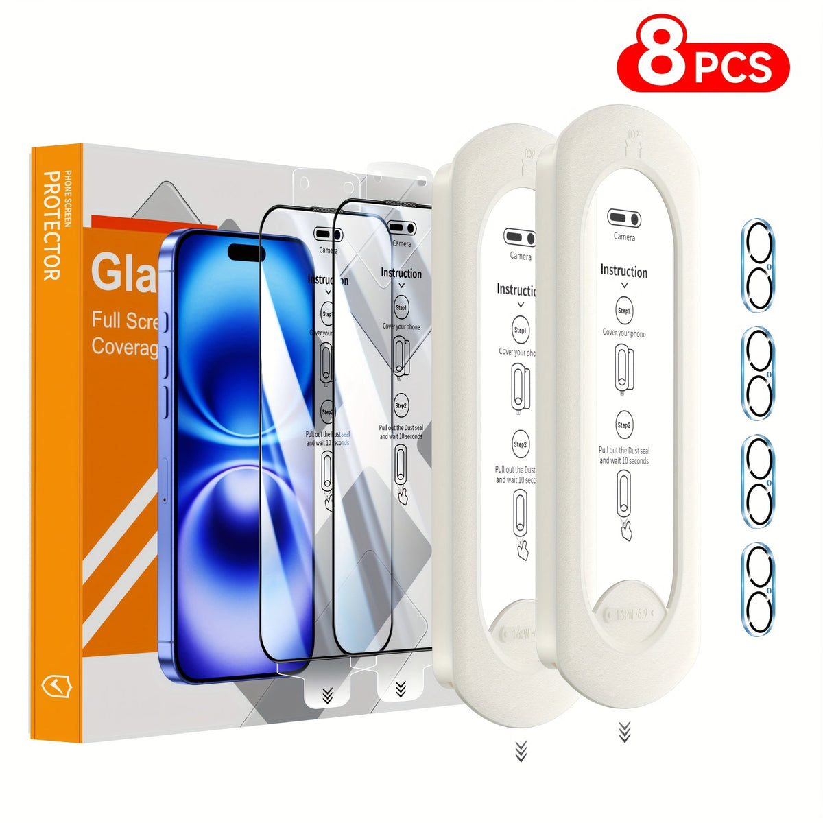 9H Tempered Glass Screen Protector for iPhone 8-Pack with Alignment Tool – 4 Screen + 4 Camera Lens, HD Clear, Bubble-Free, Case Compatible, iPhone 16 Pro Max / 15 / 14 / 13 / 12 / 11 Series