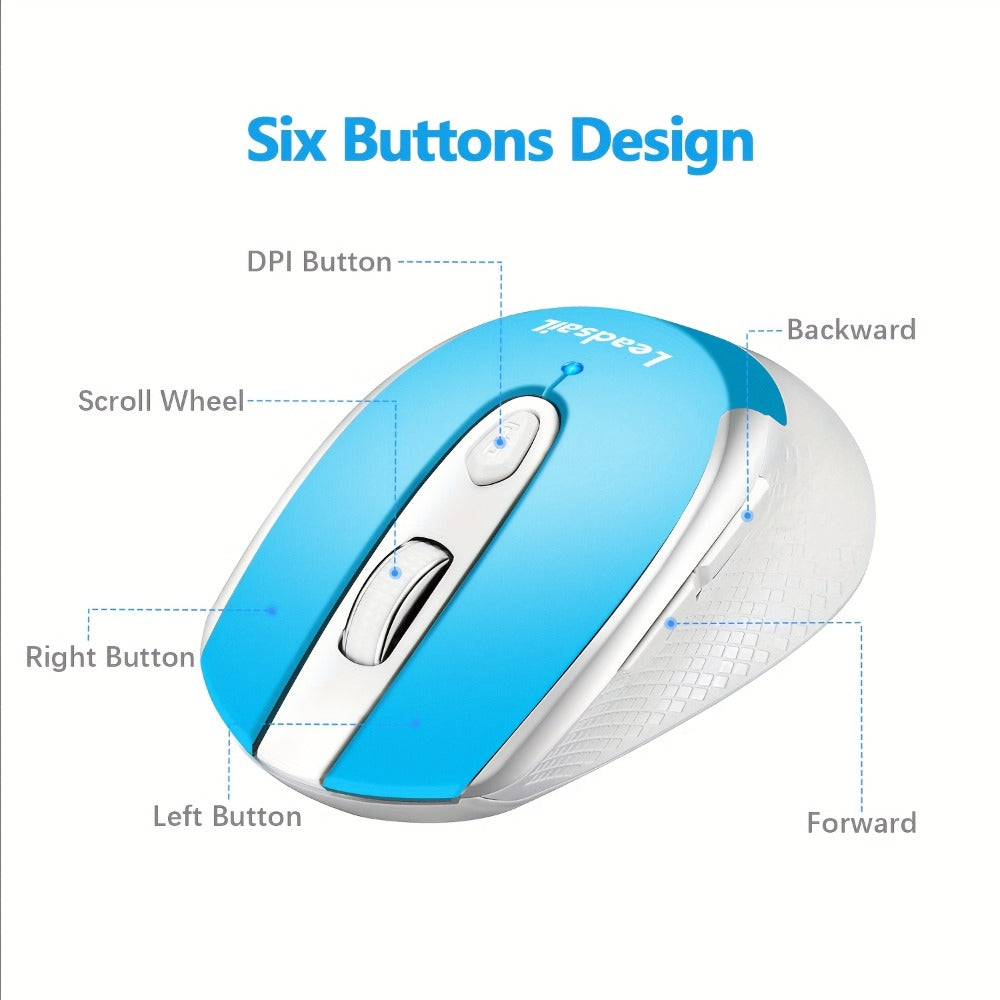 Wireless Ergonomic Mouse 2.4G USB – 6 Buttons, 3-Gear DPI 1200/1400/1600, Left-Side Shortcut Keys, Plug & Play for PC, Mac, Laptop, Office & Home | Dark Blue, Light Blue, Gold