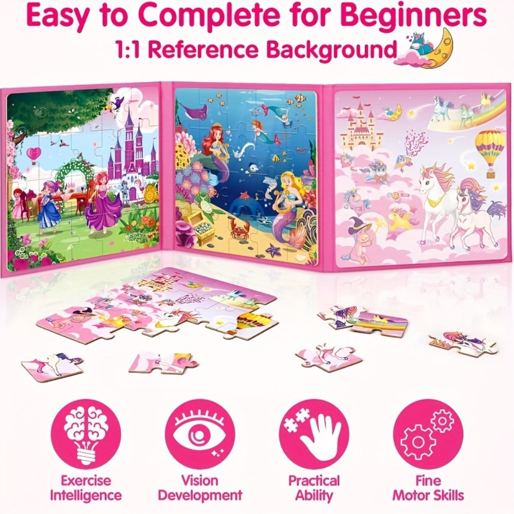 3-in-1 Magnetic Puzzle Book, Unicorn, Mermaid & Princess Themes