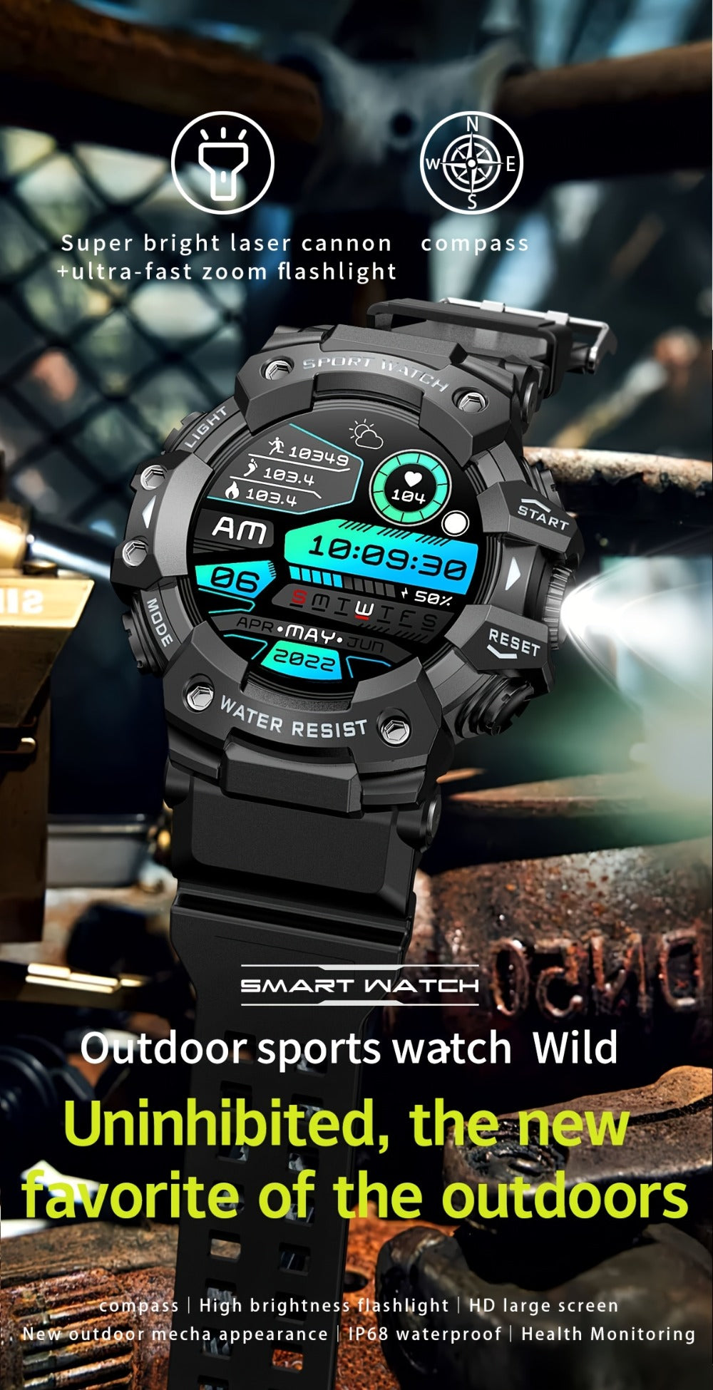 Tactical Smartwatch for Men, LED Flashlight & SOS Emergency, 1.32" TFT Screen, Bluetooth Calling, 100+ Sport Modes, Heart Rate SpO2 Sleep Tracker, Camouflage & Matte Colors – iPhone & Android Compatible