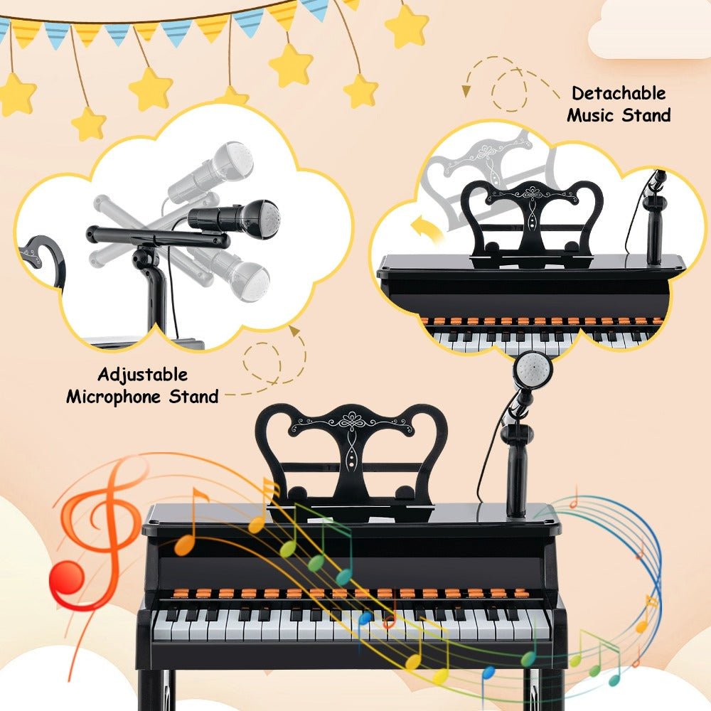 Kids Piano Set 37 Keys with Microphone, Detachable Music Stand & Stool, 22 Demos 8 Tones 8 Percussion Effects, Multifunctional Educational Piano Learning Toy for Toddlers Boys & Girls Ages 3+, Black