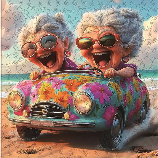 Wooden Jigsaw Puzzle, Happy Old Lady Artwork with Irregular Pieces in S and L