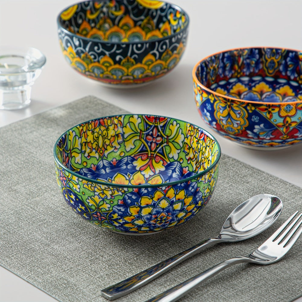 Cereal Bowl Set of 6 Bohemian Style 26oz – Colorful Ceramic Bowls for Cereal Soup Oatmeal Salad Ice Cream Pasta Microwave Dishwasher Safe Boho Kitchen Decor Gift for Home