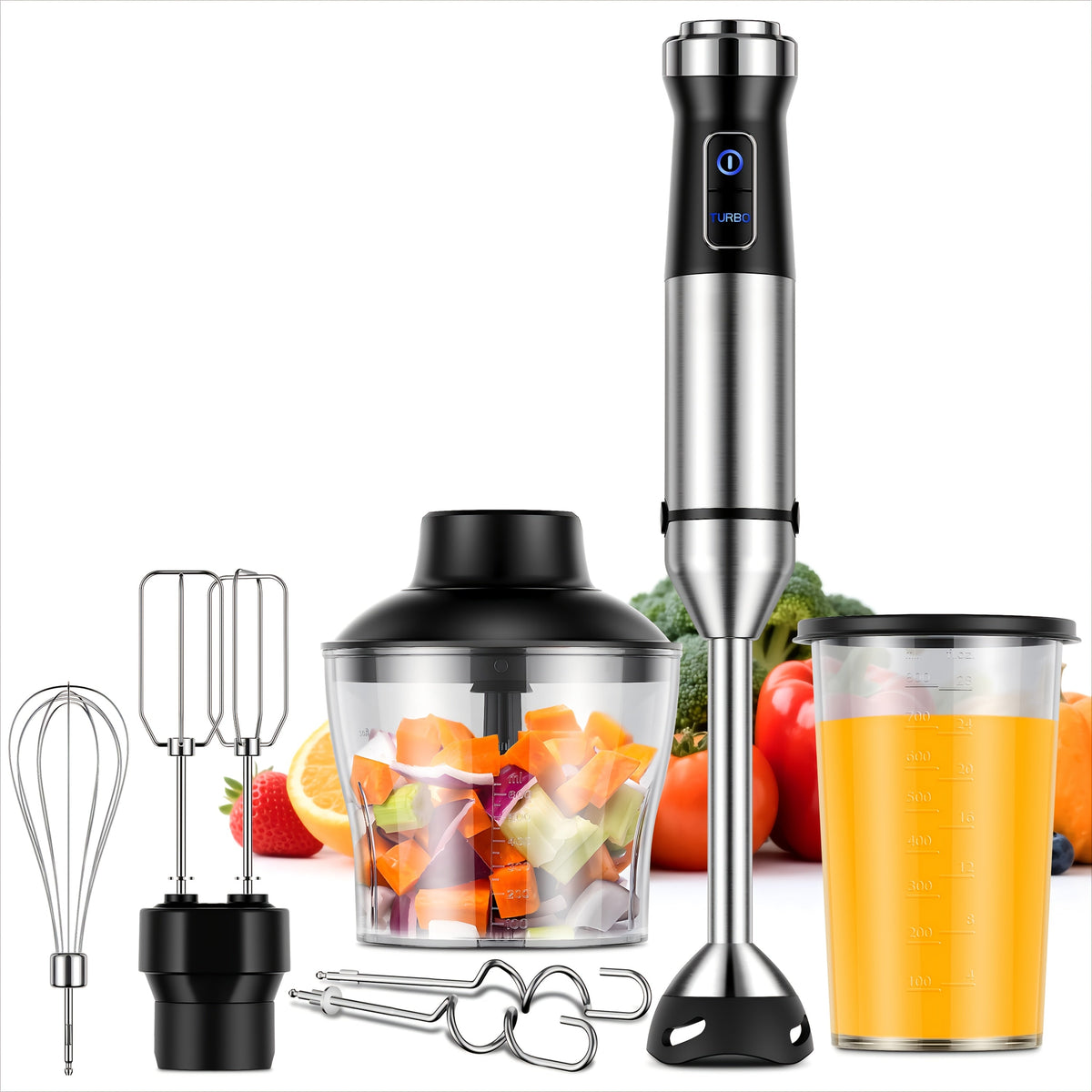 Immersion Blender Handheld 6-in-1 & 7-in-1 1000W 20-Speed Turbo – Titanium Blades BPA-Free with Dough Hooks Egg Beater Whisk Beaker & Chopper | Scratch-Resistant Hand Blender Kitchen Appliance