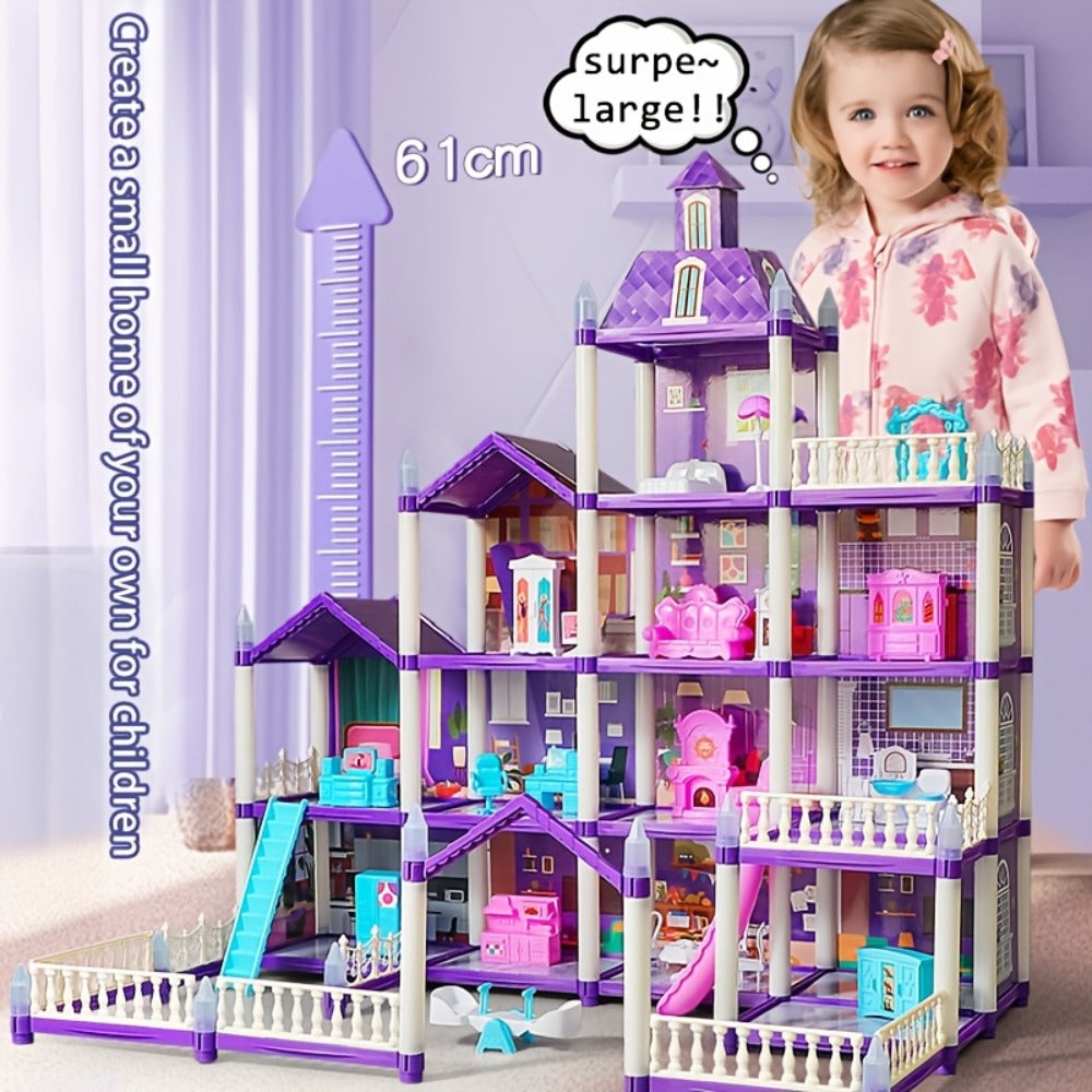 Purple LED Dollhouse Playset with 6 to 16 Room Options and Furniture