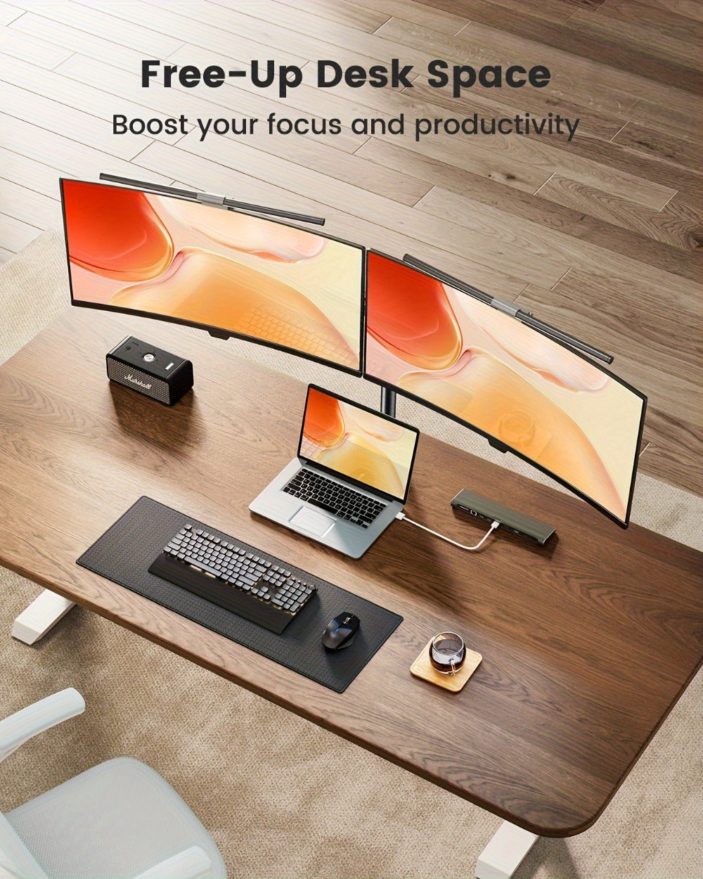 Adjustable Dual Monitor Arm for 13-32 Inch Screens, VESA 75x75/100x100mm, 45° Tilt 90° Swivel 360° Rotation, 17.6 lbs per Arm, C-Clamp & Grommet Mount, Cable Management, Space-Saving Home Office Desk Stand