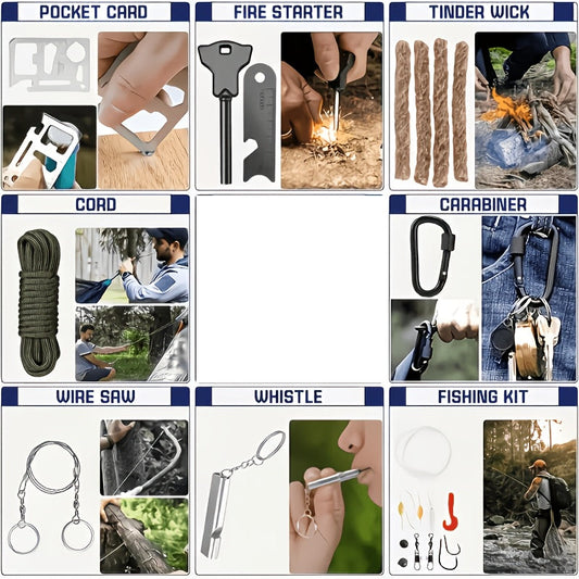 Camping Survival Kit in Black Storage Box for Outdoor Preparedness