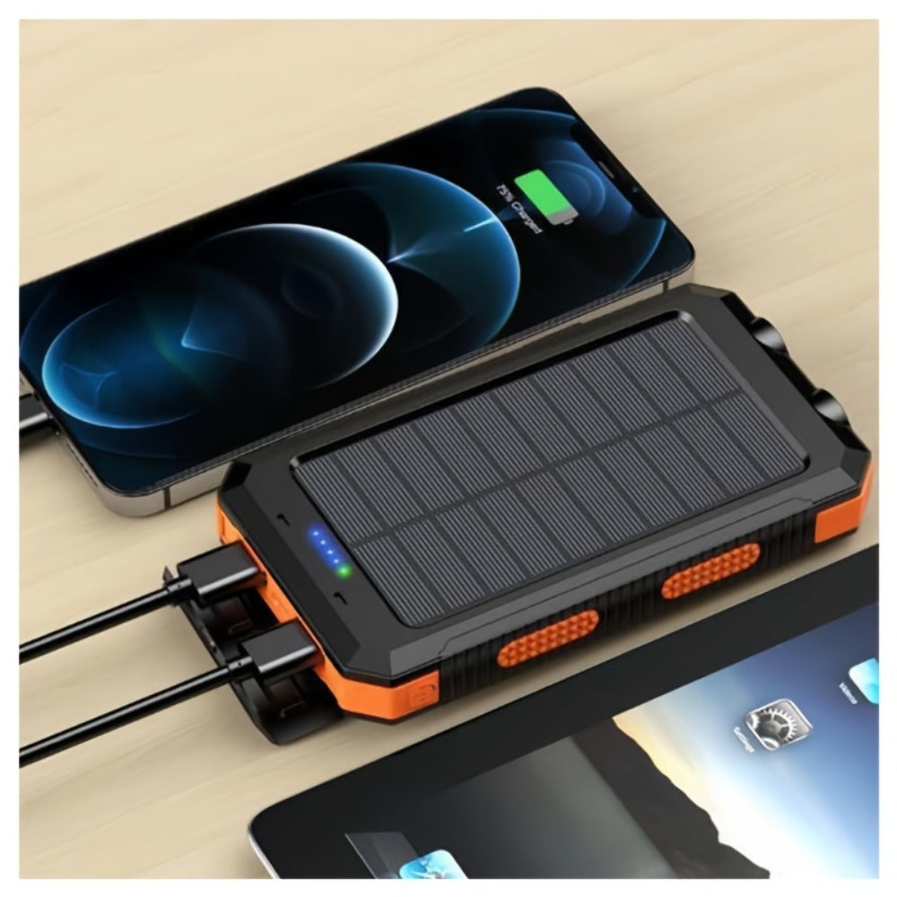 Solar Power Bank 20000mAh Portable Charger for Camping Hiking Outdoor Survival – Dual USB LED Flashlight Compass Emergency Battery Pack for iPhone Android – Black Orange
