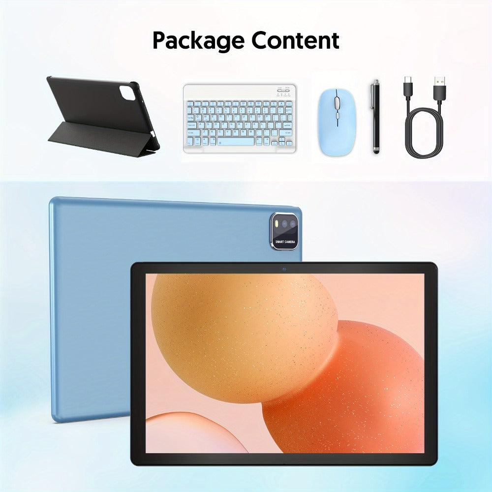 Android 15 Tablet 10.1 Inch WiFi 6 Quad-Core 12GB RAM 64GB ROM 1TB Expandable 6000mAh Battery 1280x800 IPS Display Dual Camera 8MP 2MP Optional Keyboard Case Mouse Stylus