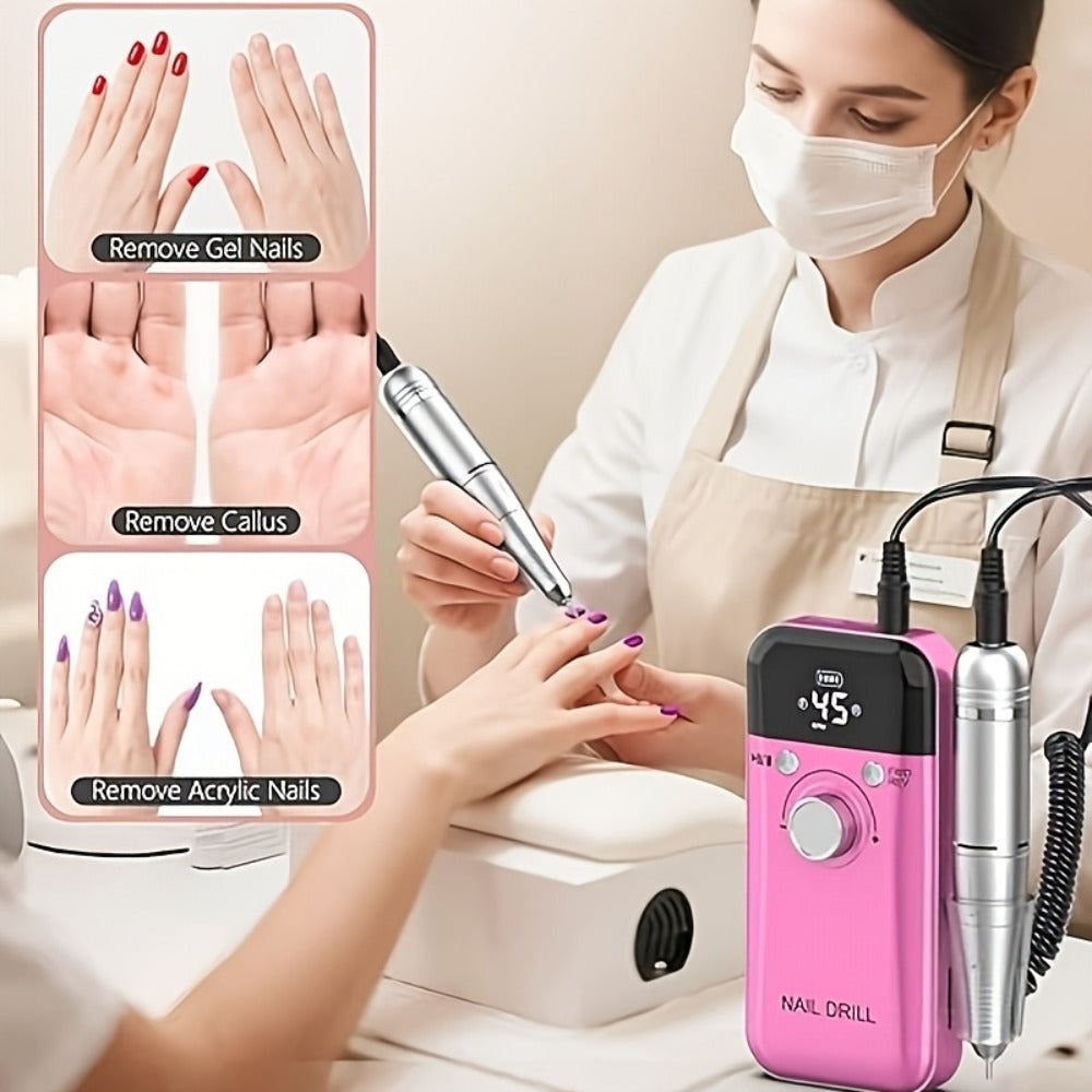 Nail Drill 45000 RPM Rechargeable Professional Electric Nail File Kit with Drill Bits Sanding Bands Low Noise Portable Manicure Pedicure Polishing Set for Salon Home Women Nail Techs