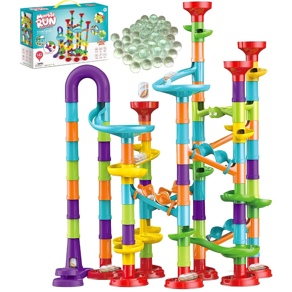 Marble Run Building Block Set with Glass Marbles, 112 or 147 Piece Race Track Toy for Ages 4+