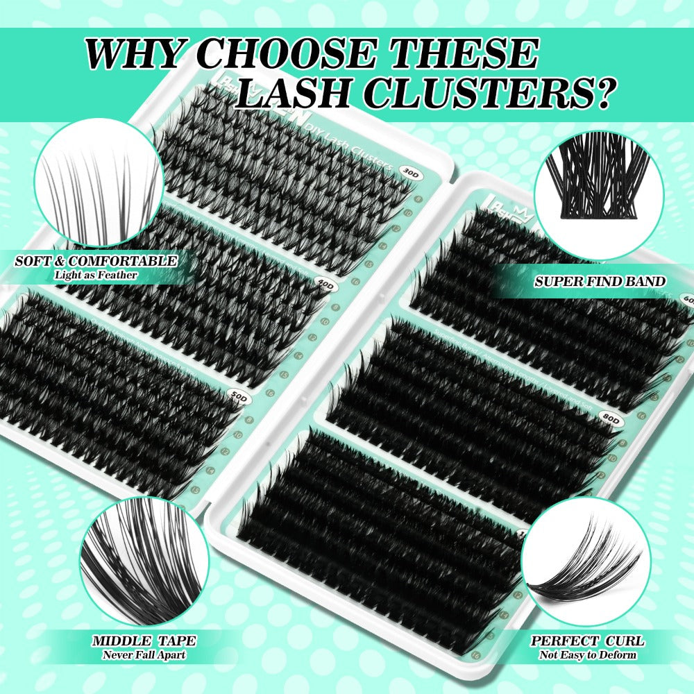 Lash Clusters Kit 708Pcs with Tweezers, Glue & Brush – Soft Silky Fiber False Eyelashes Full Voluminous DIY Lash Extension Set for Party, Wedding, Bridal & Daily Makeup, Beginner to Pro