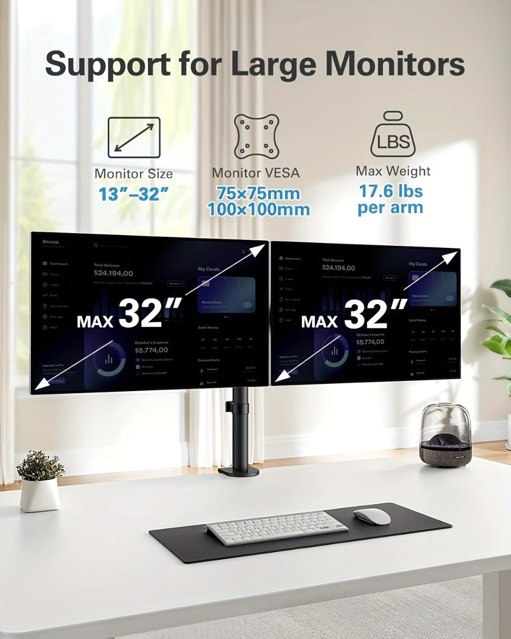Adjustable Dual Monitor Arm for 13-32 Inch Screens, VESA 75x75/100x100mm, 45° Tilt 90° Swivel 360° Rotation, 17.6 lbs per Arm, C-Clamp & Grommet Mount, Cable Management, Space-Saving Home Office Desk Stand
