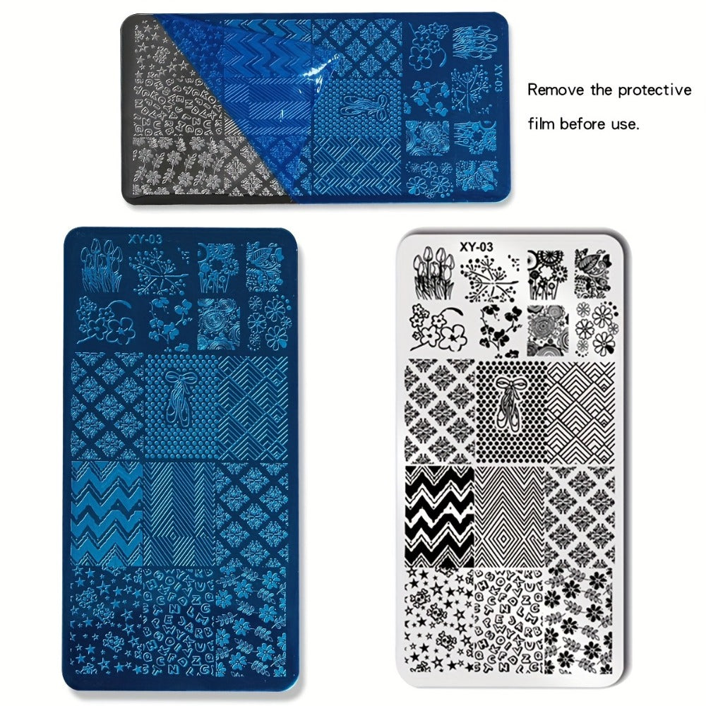 Nail Stamping Plate Set 9Pcs with 7 Mixed Design Stainless Steel Plates – Complete Nail Art Stamp Kit with Stamper & Scraper for Floral Geometric Abstract DIY Manicure Printing, Reusable Beginner & Pro Nail Decoration