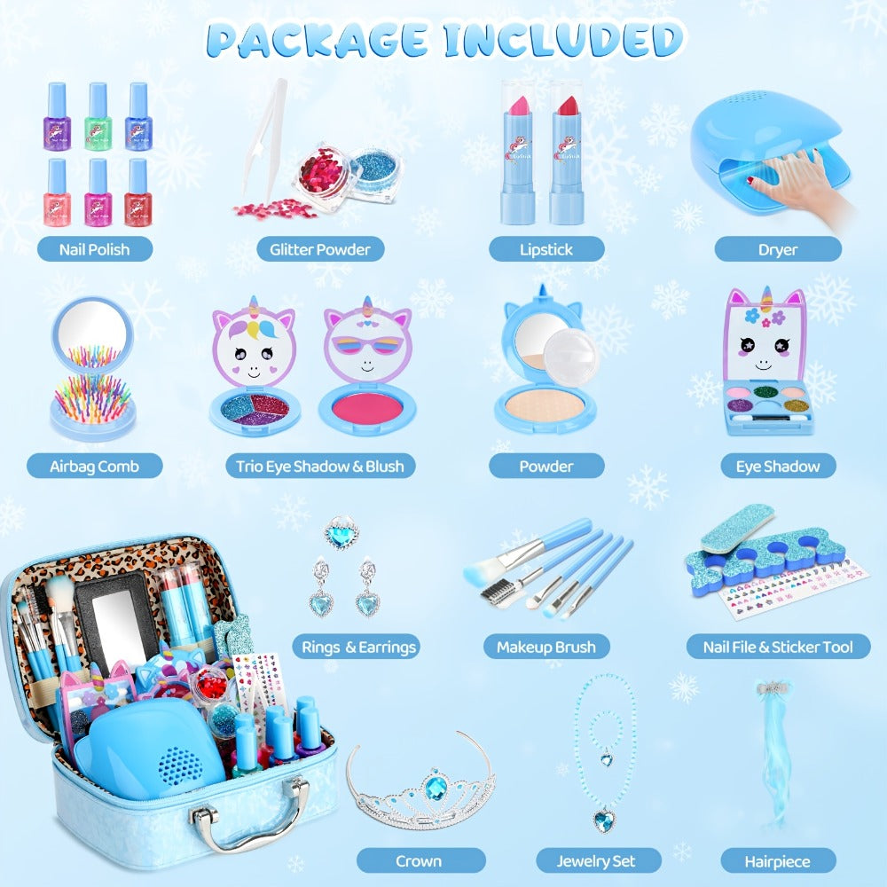 Kids Makeup Set for Girls – 2-in-1 Princess Makeup & Nail Art Kit with Mini Dryer & Accessories