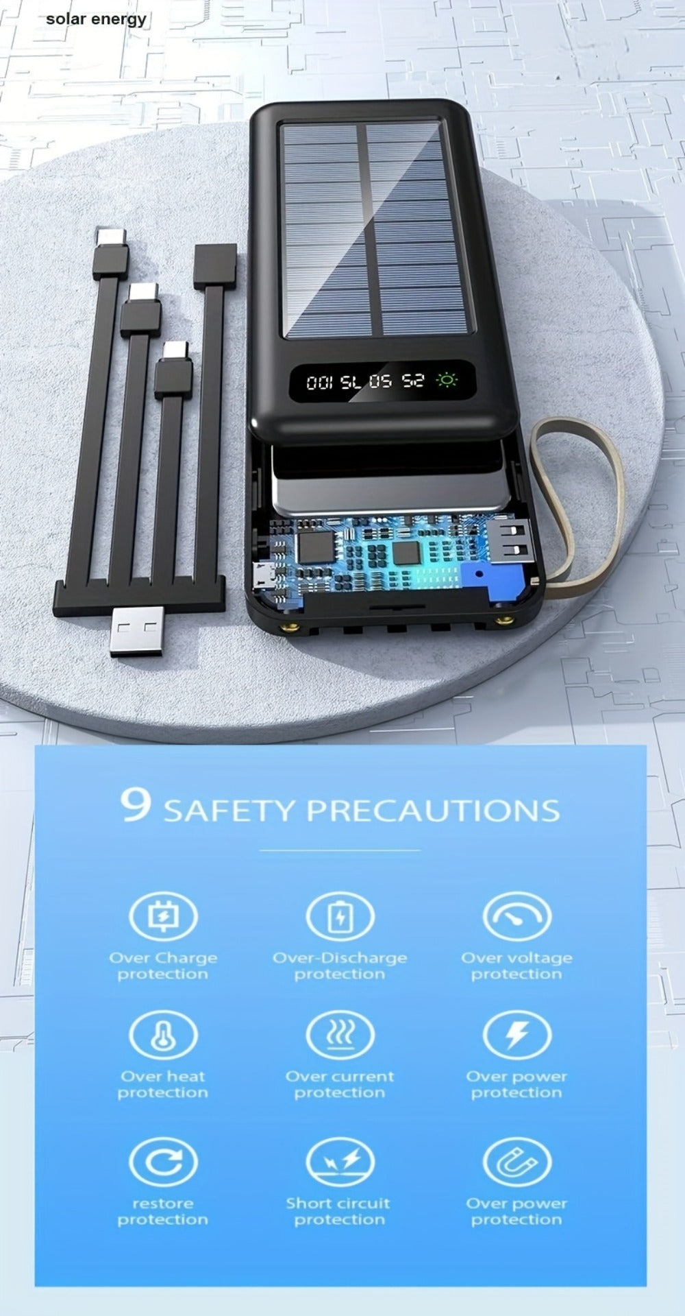 Solar Power Bank with Built-in 4 Cables LED Flashlight 15W Fast Charging Digital Display Dual USB USB-C Portable Charger 10000mAh 20000mAh 30000mAh for iPhone Android Camping Hiking