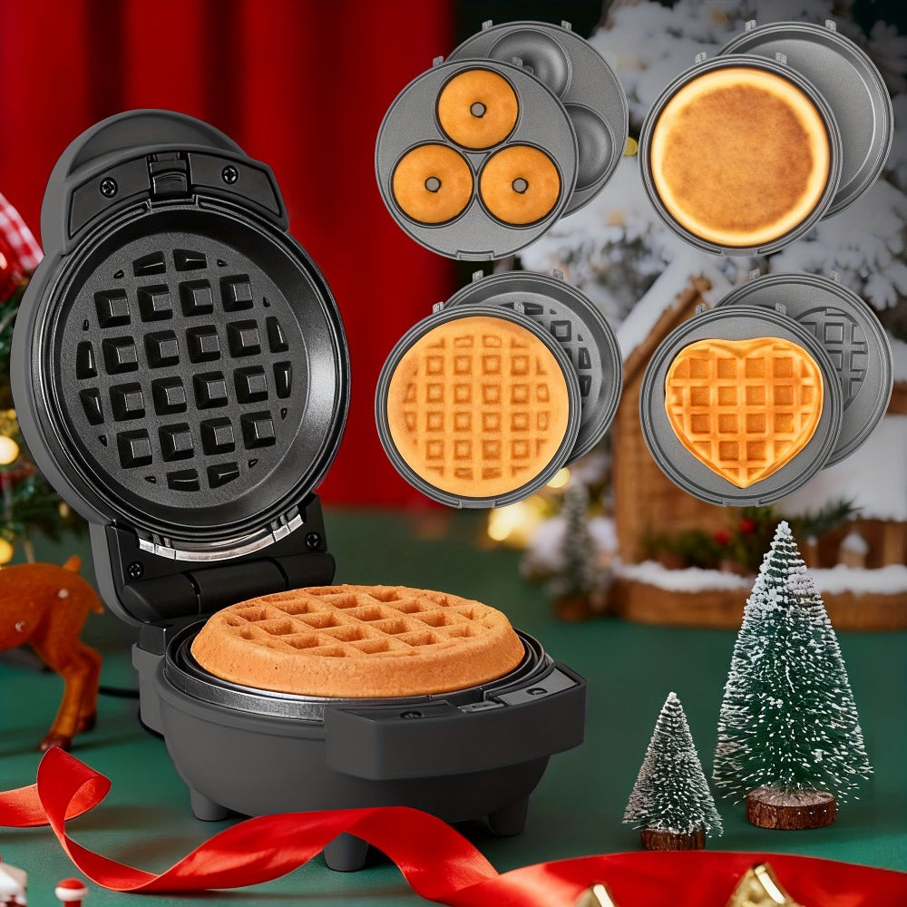 Mini Waffle Maker 4-in-1 with Removable Plates – Waffle, Pancake, Donut & Heart Shape, Non-Stick, Easy Clean, Recipe Included, Compact Breakfast Maker for Home