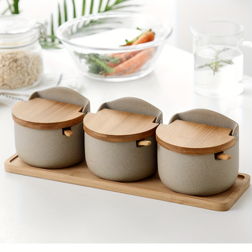 Ceramic Seasoning Pot Set with Lid & Spoon – Salt Pepper Spice Jar Container with Tray Kitchen Condiment Storage Organizer for Counter Cooking Accessories Housewarming Gift